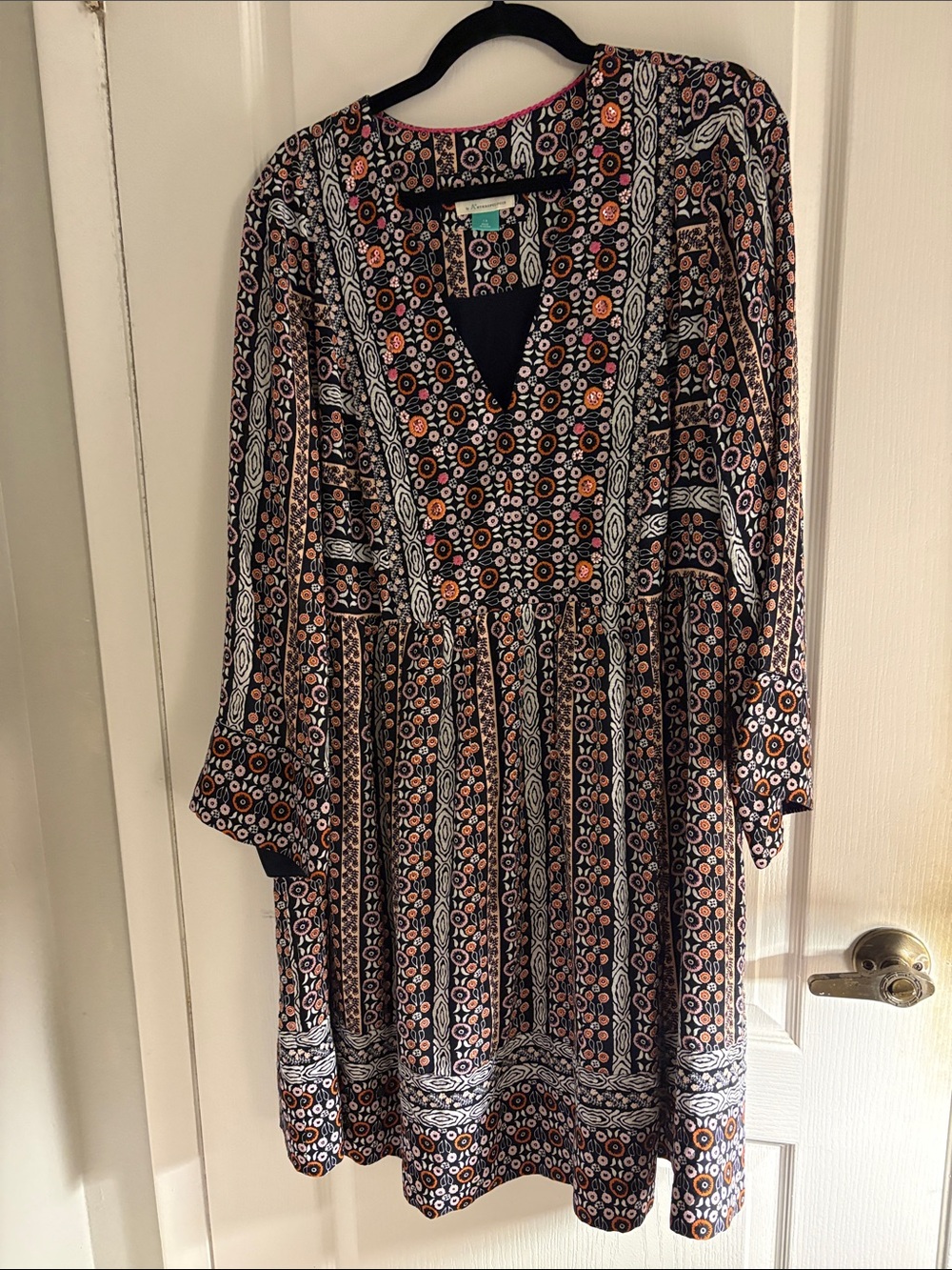 Anthropologie Navy Black Floral-Print Long Sleeve Midi Dress